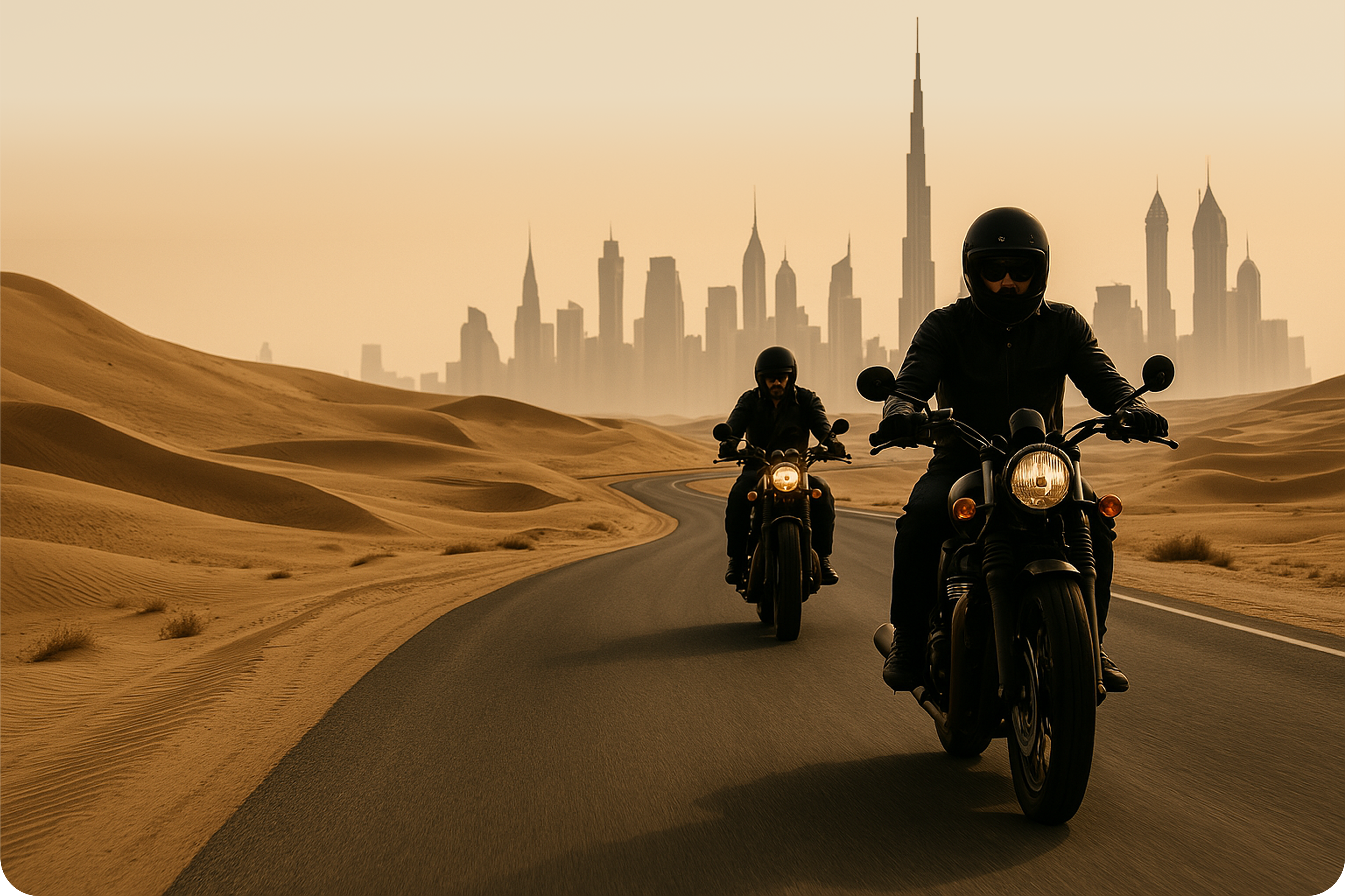 Motards traversant le désert avec la skyline de Dubaï